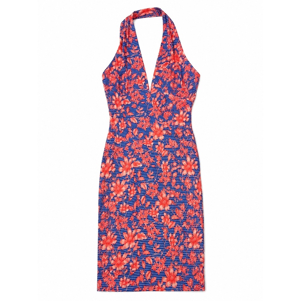 Belle Badgley Mischka Halter Dress Womens 0 Blue Coral Floral Striped Sheath NWT - Picture 10 of 11